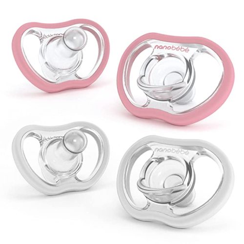 Nanobebe Active Baby Pacifiers 4-36 Months - Orthodontic, Lightweight and Vented, Curves Comfortably with Face Contour, 100% Silicone - BPA Free, Perfect Baby Registry Gift 4pk, White/Pink - 4 Count (Pack of 1) - 4-36 Months White/Pink