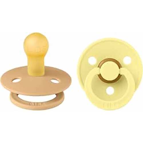 BIBS Pacifiers 0-6 Months | Pack of 2 Premium Soothers | BPA-Free Round Nipple | Made in Denmark | Desert Sand/Sunshine Pacifier