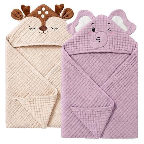 4 PCS Muslin Baby Bath Towels Set, 100% Cotton 2 PCS Animal Hooded Baby Towels 32x32 Inch & 2 PCS Washcloths, Ultra Absorbent & Soft Infant Newborn Essentials Gifts for Boys & Girls, Elephant & Deer