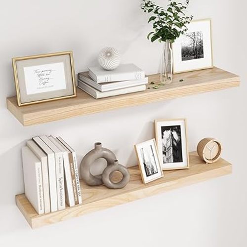 fuqing Natural Wood Floating Shelves, 36 Inch Wood Floating Shelves Set of 2, Natural Raw Wood Shelves for Living Room Bedroom Home Office - Natural