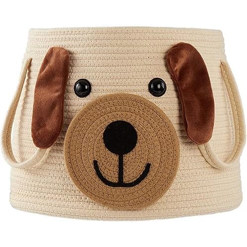 Large Dog Woven Basket with handles, Cute Laundry Basket, Toy Storage Basket, Baby Gift Basket, Animal Basket for Nursery, Clothes, Towels, Dog/Cat Toys
