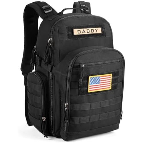 SHARKMOUTH Dad Diaper Bag Backpack - Military Baby Gear Backpacks with Daddy Patches Black