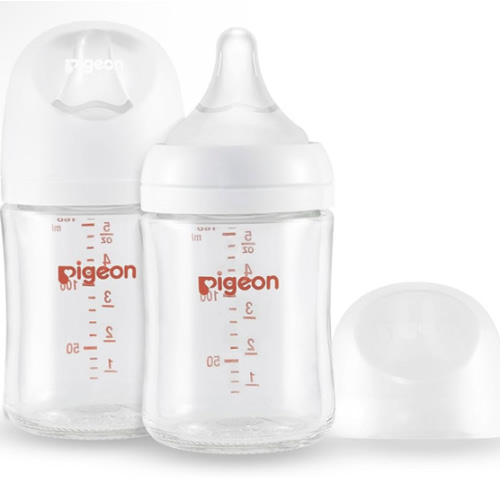 Pigeon Glass Nursing Bottle Wide Neck, Anti-Colic, Streamlined Body, Natural Feel, Easy to Clean, Heat-Resistant, 5.4 Oz(Pack of 2), Includes 2pcs SS Nipples (0m+)