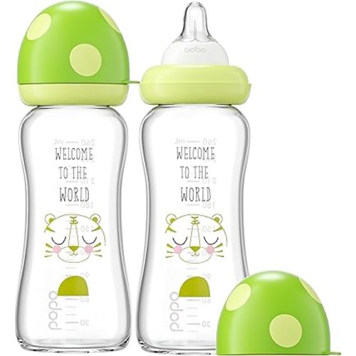 YOHKOH Natural Glass Baby Bottle with Natural Response Nipple, Newborn Anti-Colic Baby Bottles, Wide Neck Mushroom Cap Baby Bottle, Clear (8.8ounce (Pack of 2), Green1)