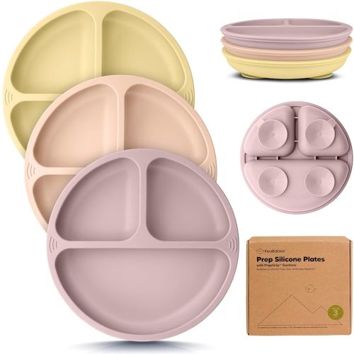 KeaBabies Suction Plates for Baby, Toddler - 3-Pack 100% Silicone Toddler Plates with Suction, Divided, BPA-Free Baby Led Weaning Essentials for Kids, Dishwasher, Microwave Safe, Durable (Dusk)
