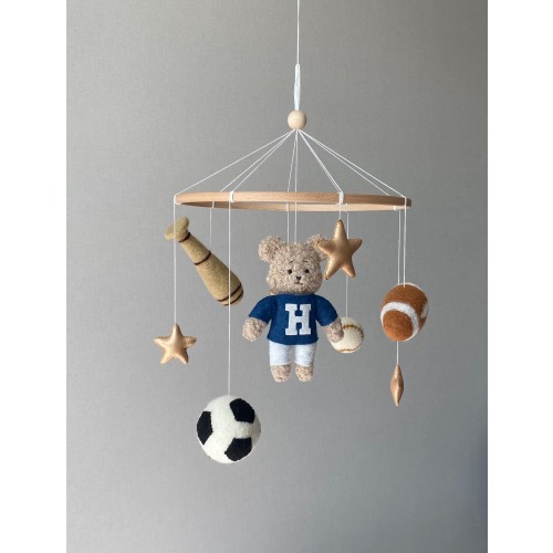 Sport Nursery mobile, Vintage Football Teddy Bear mobile, Soccer bear mobile, sports nursery decor, Baby boy shower Gift idea, new mom gift.
