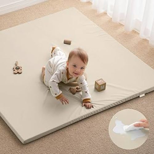 Blissful Diary Vegan Leather Baby Play Mat, 50x50 Thick Foam Cushioned & Waterproof Playpen Mat for Infants and Toddlers, Stylish and Just Wipe-Clean Playmat for Baby Play on Floor, Beige