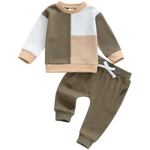 Toddler Baby Boy Fall Clothes Waffle Outfit Long Sleeve Color Blocking Sweatshirt Pullover Jogger Pant Set