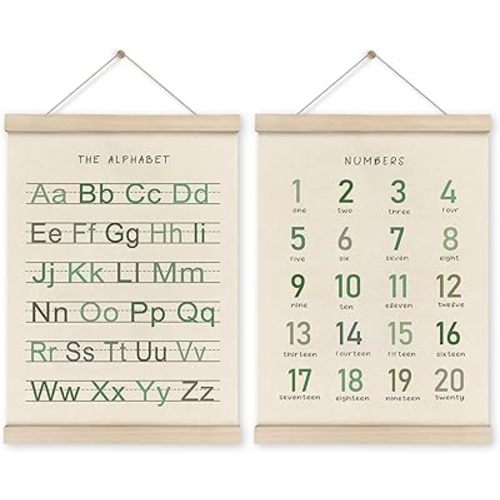 HRQKO Alphabet Numbers Poster Hanger Frame Set of 2, Nursery Wall Decor, Boho ABC Poster Wall Art with Wooden Frames, Sage Green Alphabet Banner Wall Hanging Decor for Toddler Playroom, 12x16 Inch
