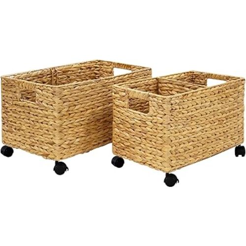 PEMAR Set 2 Nesting Natural Wicker Rolling Storage Baskets on Wheels w Insert Handles, Under Table Under Desk Woven Storage Bins, Mobile File Cabinet Organiser (Water Hyacinth, Sizes M, L Nesting)