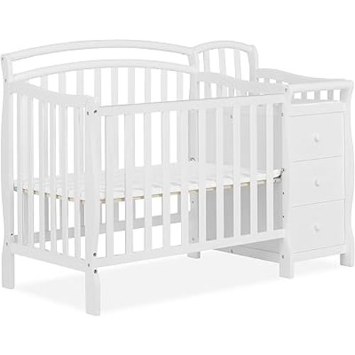Dream On Me Casco 3-In-1 Mini Crib And Changing Table In White, Convertible Crib, Made Of Pinewood, Three Position Adjustable Mattress Height Settings