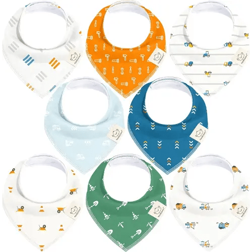 8-Pack Organic Baby Bandana Bibs for Boys, Girls - Super Absorbent Triangle Baby Bibs for Drooling and Teething Infant, 100% Cotton Extra Soft for Newborn, Infant 0-36 Months (Builders)