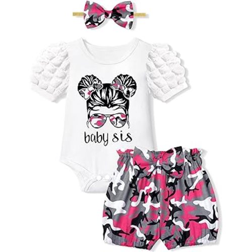 Von kilizo Baby Girl Clothes Summer Baby Clothes for Girls Puff Short Sleeves Romper Camo Short Sets Baby Girl Outfits