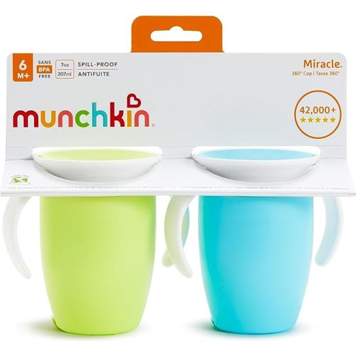 Munchkin® Miracle® 360 Trainer Sippy Cup with Handles, Spill Proof, 7 Ounce, 2 Pack, Green/Blue - Blue, Green - 2-pack
