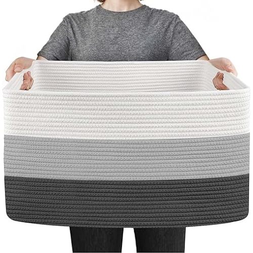Extra Large Cotton Rope Basket, Rectangle Wicker Baby Laundry Basket, Woven Storage Bin for Blankets, Toys, Dirty Clothes, Living Room Nursery Storage Organization, 23.6" x 15.7" x 14.1"