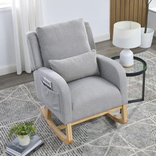 Rocking Chair Nursery with Pillow, Nursery Rocking Chairs in Teddy Fabric with Wingback & Armrest, Built-in 2 Side Pockets, Comfy Nursery Glider Nursing Chair Armchair for Living Room, Bedroom, Grey