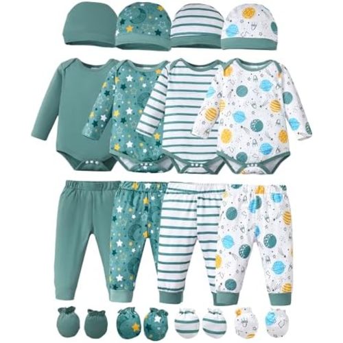 NZRVAWS Newborn Baby Boy Clothes Infant Romper Pants Set Hat 4-Pack Outfits 0-12 Months 16 Pieces Gift Toddler Girl Unisex