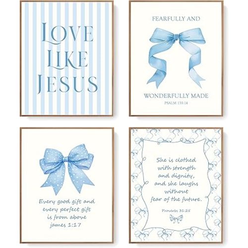 LARTSFRO Coquette Blue Bow Jesus Wall Art Decor Posters, Light Blue Bow Room Bedroom Bathroom Wall Art Decor Aesthetic for Teen Girls Gifts, Inspirational Bible Verses Bow Wall Decor, 10x8 Inch Set of 4 Unframed Bow Pictures