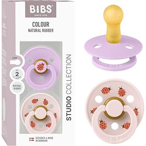 BIBS Colour Studio Soother 2-Pack, BPA Free Dummy Pacifier, Round Nipple. Natural Rubber Latex, Made in Denmark, Size 2 (6-18 Months), Violet Sky/Petal