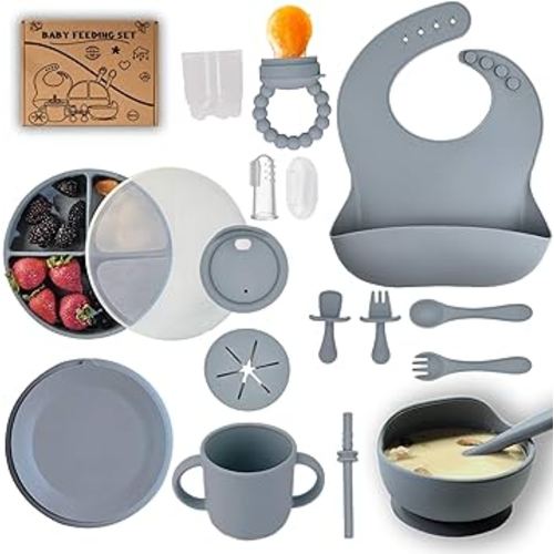 Silicone Baby Feeding Set -16 piece Baby Led Wearing Supplies with Suction plates for toddlers, bowls, Baby Utensils, Snack Cup, Sippy Cups, Toddler Utensils items Gray 6+ Months essentials must have.