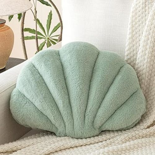Shell Pillow, Seashell Throw Pillow with Soft Rabbit Plush for Couch Bed, Shell Shaped Decorative Ocean Pillow Stylish Beach Cushion Room Decor Aesthetic for Bedroom Livingroom