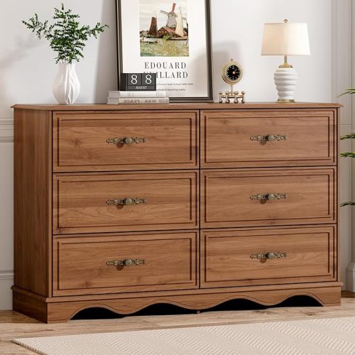 6 Drawer Dresser,47" Wide Mid Century Chest of Drawers,Wooden Bedroom Drawer Dresser with 6 Storage Drawers for Bedroom,Living Room,with Anti-Tipping Device,Brownish