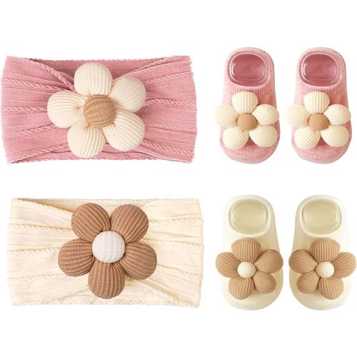 CÉLLOT Baby Girl Headband and Socks, Non-Slip Floral Socks and Soft Floral Nylon Hairbands for Babies Infants and Toddlers