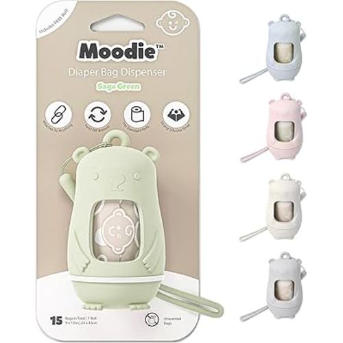 Teddy Bear Diaper Bag Dispenser | Diaper Trash Bags on the Go Dispenser w/Silicon Strap | 15 UNSCENTED Baby Poop Bags per Roll | Dirty Diaper Bags Disposable | Diaper Waste Bags (SAGE GREEN)