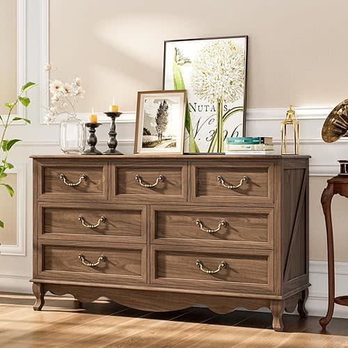 54" Wooden 7 Drawers Dresser for Bedroom, Farmhouse Mid Century Dresser with Wide Tabletop, Vintage Chest of Drawers with Solid Wood Leg and Curved Metal Handle, for Living Room, Hallway, Brown