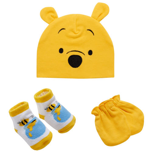 Disney Newborn Baby Boys’ Take Me Home Layette Gift Set: 3D Ear Hat, Socks and Mitten: Mickey Mouse, Winnie The Pooh