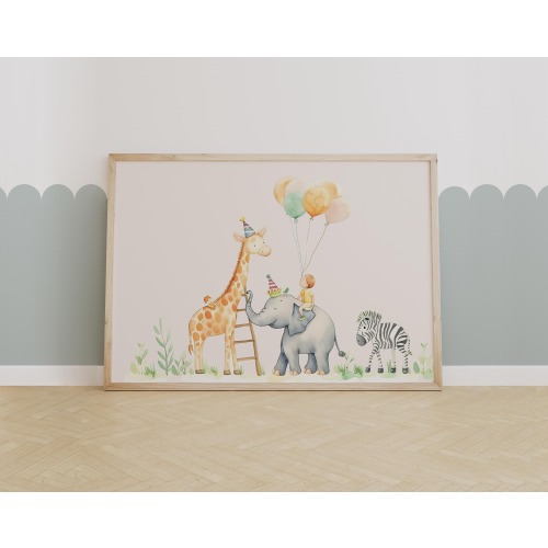 Safari Party Animal Nursery Wall Art, Whimsical Birthday-Themed Jungle Print, Baby Room and Kids Decor