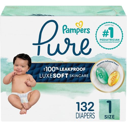 Pampers Pure Protection Baby Diapers, Size 1 (8-14 lbs), 132 Count, Up to 100% Leakproof, Premium Plant-based Skin Protection, Hypoallergenic Soft Diapers