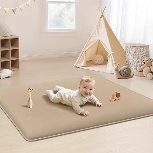 PapaMama Ultra Soft Baby Play Mat for Floor, 1.3" Thick Memory Foam 50x50 Playpen Mat with Non-Slip Backing, Coral Velvet Child Nursery Rug, Tummy Time & Crawling & Yoga Mat for Infant, Toddlers, Kids
