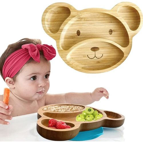 Bamboo Plates For Kids - Baby and Toddler Bamboo Suction Plate for Babies Feeding and Weaning, Promotes Self-Feeding with Eco-Friendly Sturdy Bear Design, Suction Plates for Busy Moms & Dads, Blue