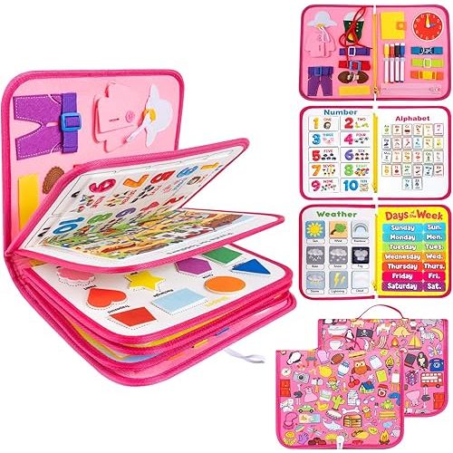 12-page Busy Board Montessori Toddler Toys for 1 2 3 4 Years Old, Busy Book for Toddlers 1-3 Girl Birthday Gift, 24 in 1 Activity Sensory Toys for Motor Skills, Travel Toys for Car Airplane (Pink)