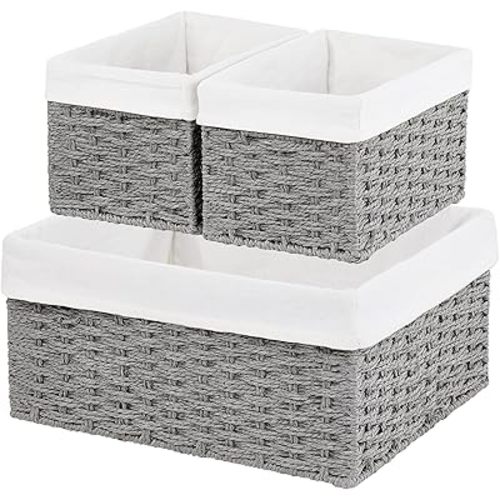 Vagusicc Wicker Basket, Set of 3 Hand-woven Storage Baskets for Organizing, Decorative Rectangle Wicker Storage Basket Bins with Handles, Small Toilet Paper Storage Baskets for Shelves & Decor, Grey