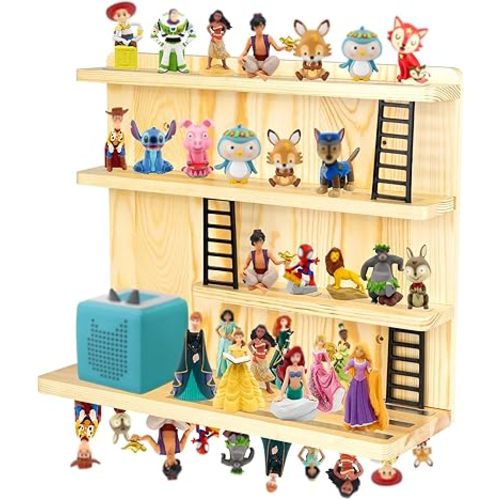 for Tonie Shelf Magnetic,for Tonie Storage Wall, Holds 50+ Characters Creative Magnetic Top & Back,Pinewood Floating Shelves,Dedicated Charging Spot for Tonebox,Figures Storage,4-Tier