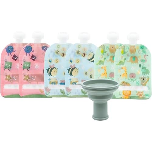 WeeSprout Double Zipper Reusable Food Pouches, Perfect for Babies & Toddlers, Freezer & Dishwasher Safe (Educational, 3.4 Fl Oz (Pack of 6) + Pouch Filler)