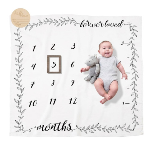Organic Baby Milestone Blanket - Boy or Girl, 1-12 Months, Neutral, 47'x47' with Wood Frame and Newborn Announcement Disc