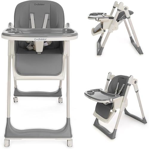 3-in-1 Foldable High Chair for Babies & Toddlers – Adjustable Height, Reclining Seat, 5-Point Safety Harness, Removable Tray, Lockable Wheels, Washable Cushion – Portable & Easy Clean, Grey
