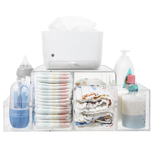 NANYEZH Acrylic Diaper Caddy, Baby Wipes Organizer for Changing Table, Dresser Top Tabletop Organizer with 4 Detachable Compartments, Anti-slip Rubber Feet, Newborn Baby Essentials, Clear