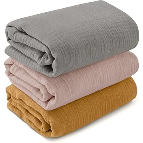Muslin Swaddle Blankets for Newborn, 3 Pack Breathable Soft Receiving Blanket, Large 38 x 40 inches Swaddle Wrap Burping Clothes, Essentials Infant Shower Items, Toddler Gift (Multiple Colors)