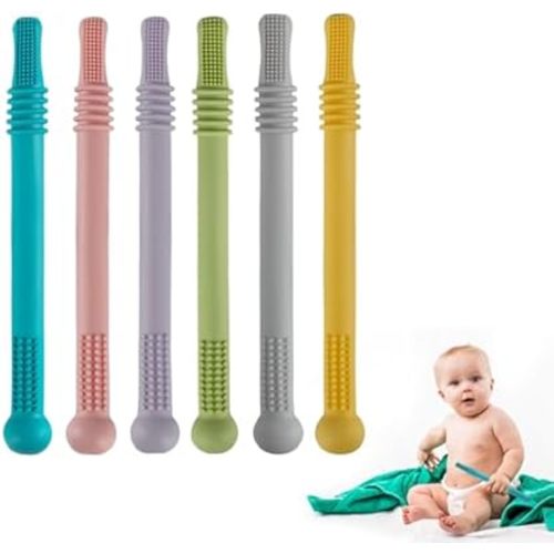 Fu Store Hollow Teether Tube Chew Straw Sensory Toy for Infant Toddlers Silicone Tubes Teething Toys for Babies 18-36 Months Gifts Learning Developmental Toys BPA Free Freezable 6 Pack