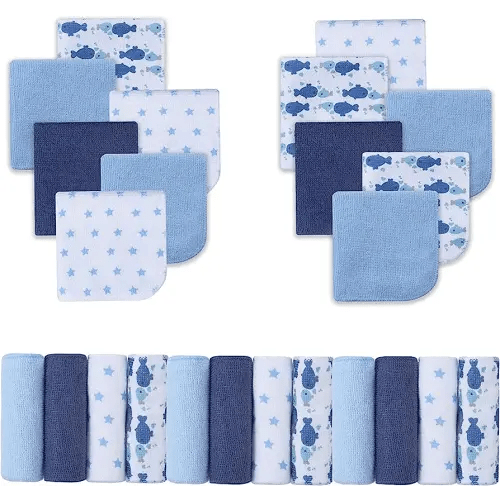 Viviland Baby Washcloths, Super Soft Baby Bath Towels for Newborn 24 Pack, Absorbent Face & Body Wash Cloth for Baby Boy, Whale Bro Pattern, 9 x 9 inch