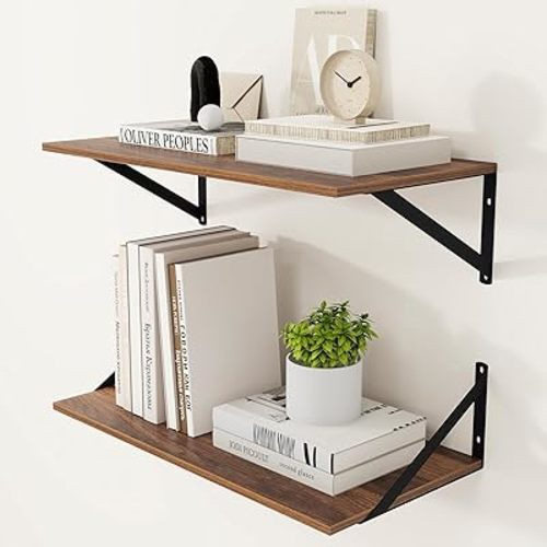 12 Inch Deep Floating Shelves for Wall, 24W x 12D Wood Wall Shelves Set of 2, Walnut Wide Floating Bookshelf for Living Room, Kitchen, Office, Bedroom, with Black Metal Bracke - Walnut