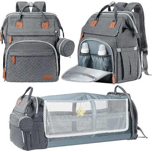 DERJUNSTAR Baby Diaper Bag Backpack, Diaper Changing Station, Baby Bags for Boys Girls, USB Charging Port,Pacifier Case, Sunshade and Toy Bar, Pale Grey