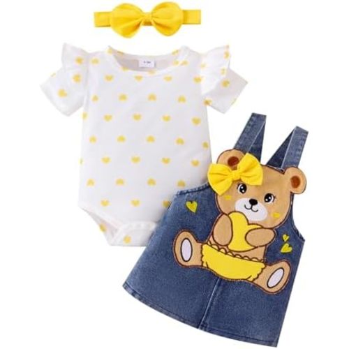 Baby Girl Clothes Outfits Summer Cute Little Bear Romper + Shorts + Butterfly Tie Hair Band Set 0-18 Months
