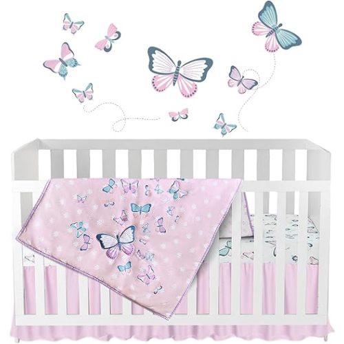 Butterfly Baby Crib Bedding Set Girl 28"x52", 8" Deep Pocket - 5 pcs Baby Bedding Set with Blanket, 2 Crib Sets for Girls Cotton Fitted Sheets, Skirt, and Butterfly Wall Sticker - White & Pink