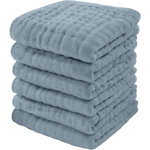 Comfy Cubs Muslin Baby Washcloths 6 Pack - Soft 6-Layer Cotton Wash Cloths for Sensitive Skin - 10"x10" Large, Gentle, Absorbent Infant Essentials for Newborn and Toddlers - (Pacific Blue)