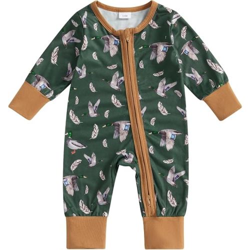 Biayxms Infant Baby Boy Girl Mallard Duck Romper Jumpsuit Long Sleeve Zip Up Duck One Piece Overalls Hunting Baby Clothes